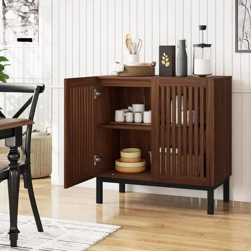 Meuble Buffet Costway avec Rangement, Desserte de Bar à Café 32" en Bois avec 2 Portes Noyer + Noir