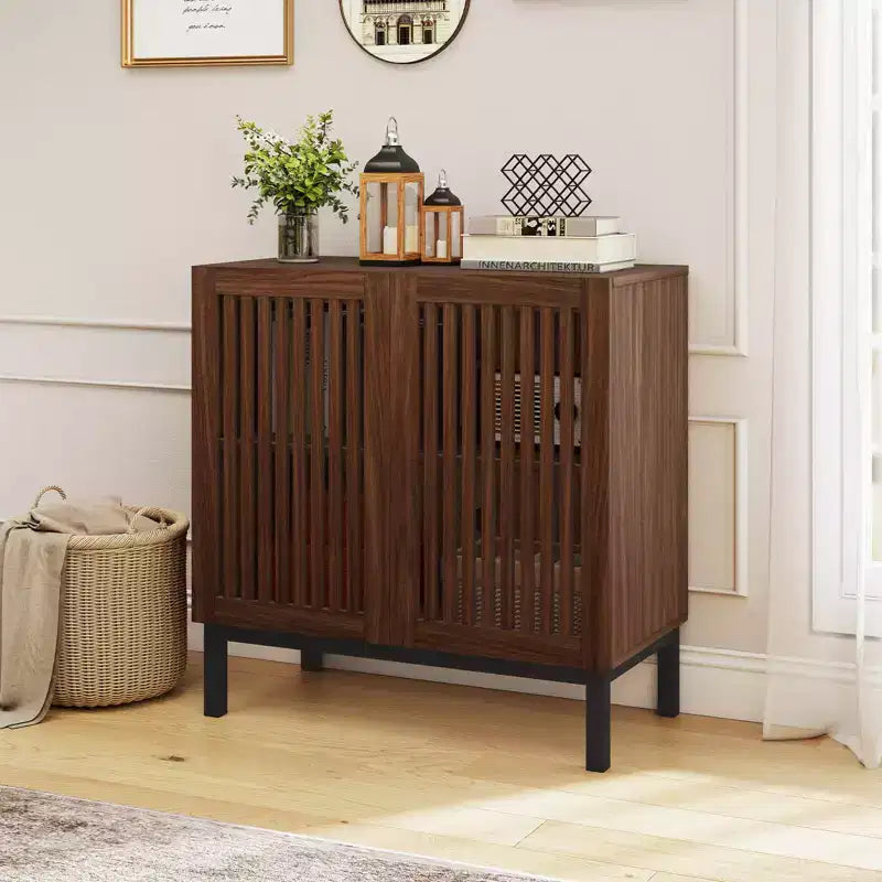Meuble Buffet Costway avec Rangement, Desserte de Bar à Café 32" en Bois avec 2 Portes Noyer + Noir
