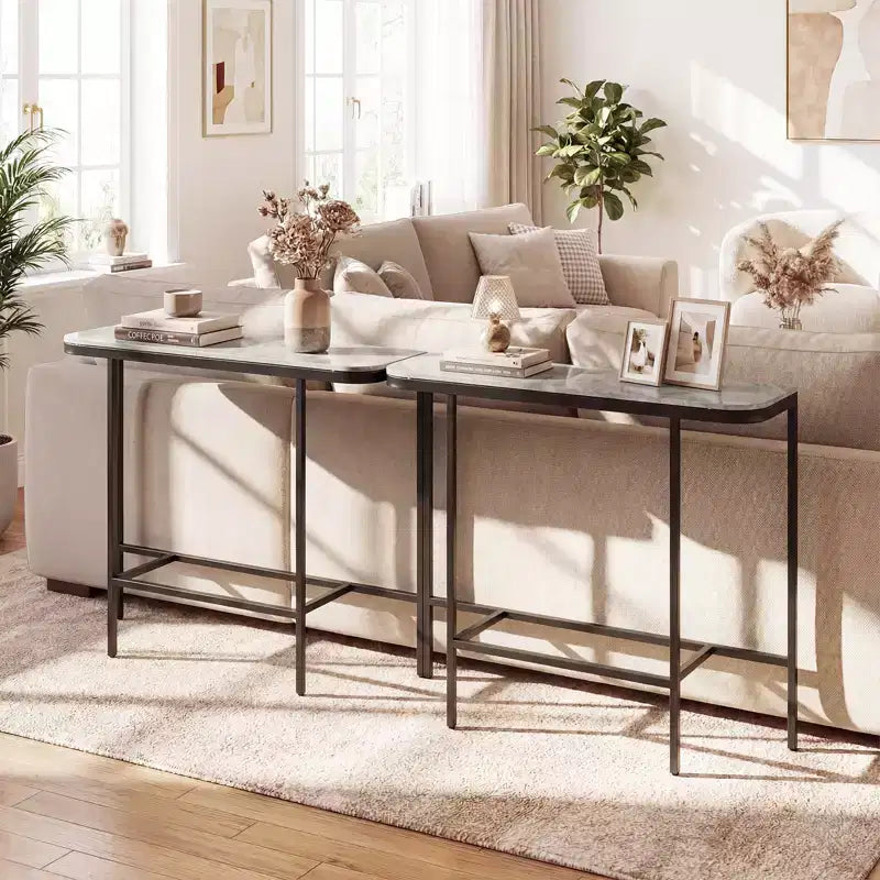 Table d'entrée Costway avec plateau en faux marbre et cadre en métal, table de canapé pour couloir blanc et or/gris et noir