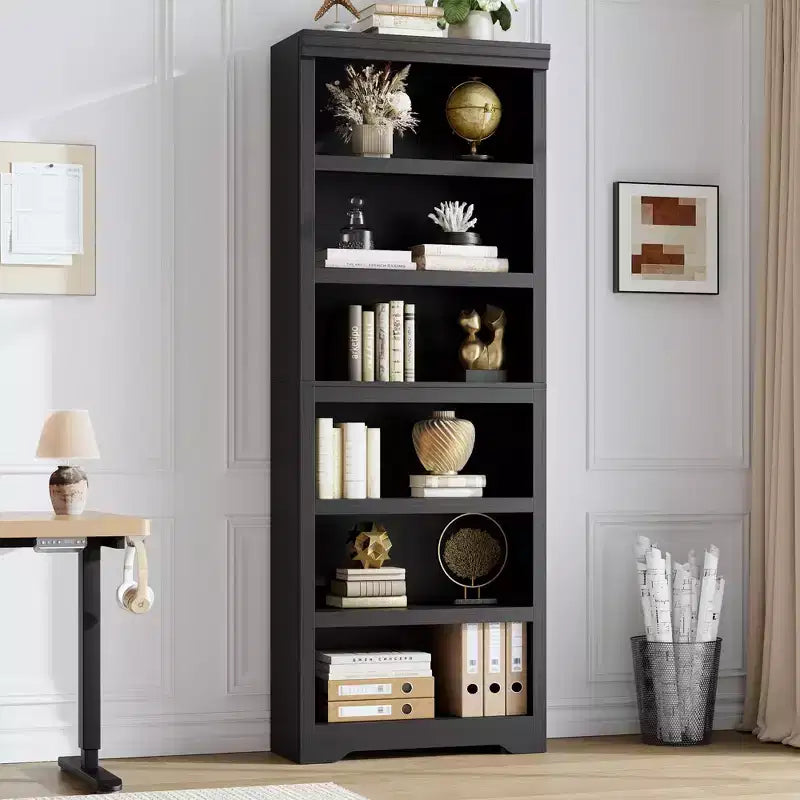 75 Farmhouse Tall Bookshelf, 6 Tier Open Bookcase with Adjustable Shelves, Anti-Tip Freestanding Display Storage Organizer for Home Office & Room