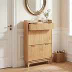 Narrow Fluted Shoe Cabinet for Entryway, Small Double Door Shoe Storage Organizer with Adjustable Shelves for Small Spaces