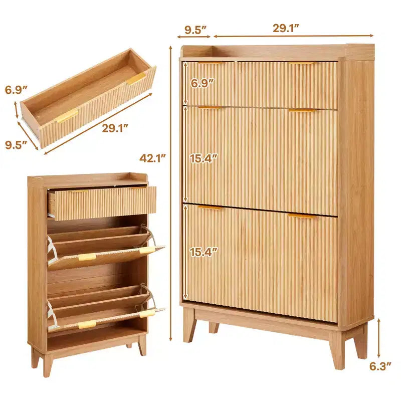 Meuble à Chaussures Étroit Cannelé pour Entrée, Petit Organisateur de Rangement de Chaussures à Double Porte avec Étagères Réglables pour Petits Espaces