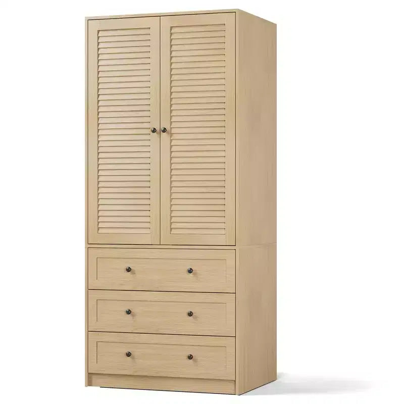 Armoire GustoWave 70 en bois, penderie à 2 portes avec 3 tiroirs et tringle à vêtements, grand placard de rangement pour chambre à coucher