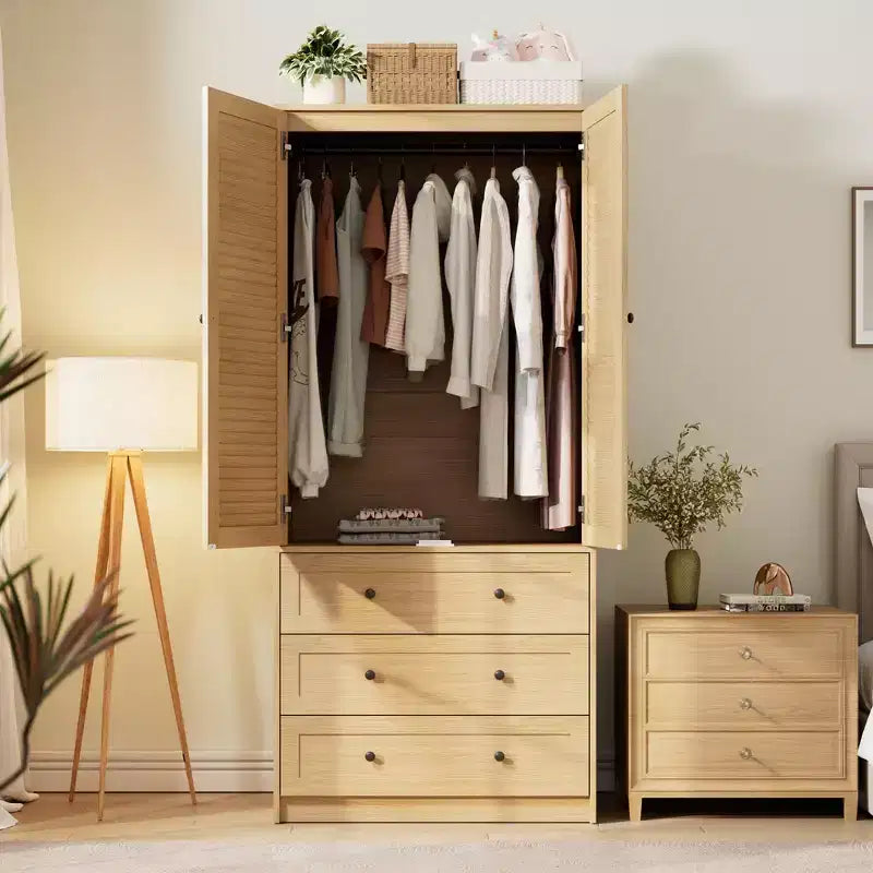 Armoire GustoWave 70 en bois, penderie à 2 portes avec 3 tiroirs et tringle à vêtements, grand placard de rangement pour chambre à coucher