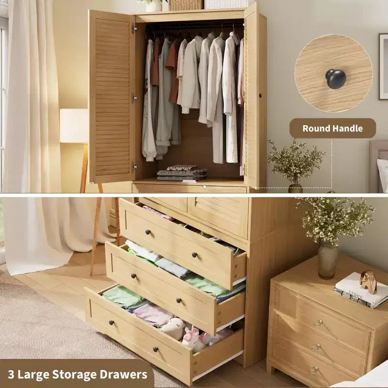 Armoire GustoWave 70 en bois, penderie à 2 portes avec 3 tiroirs et tringle à vêtements, grand placard de rangement pour chambre à coucher