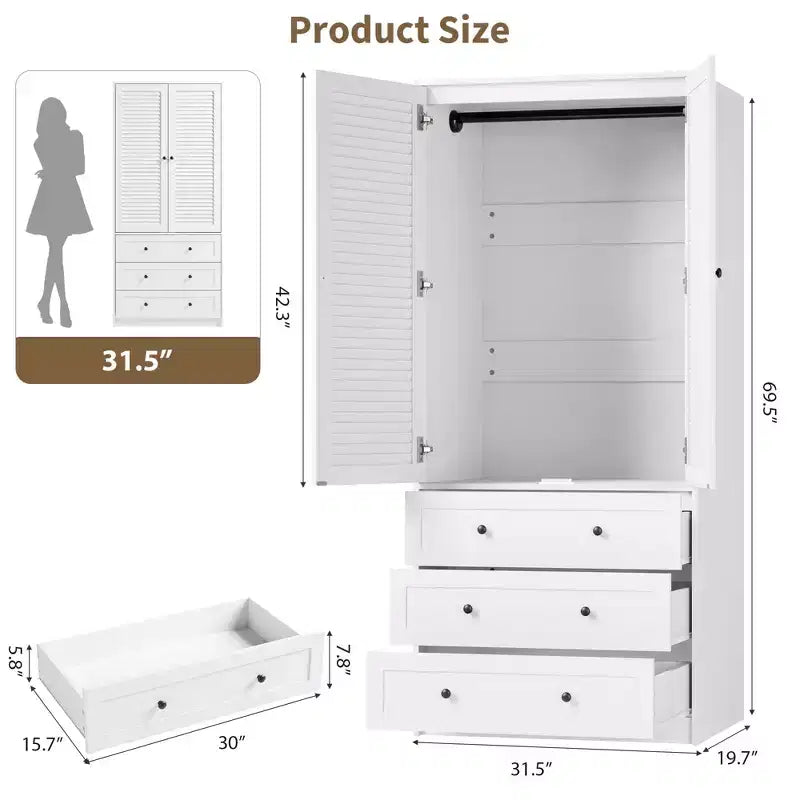 Armoire GustoWave 70 en bois, penderie à 2 portes avec 3 tiroirs et tringle à vêtements, grand placard de rangement pour chambre à coucher