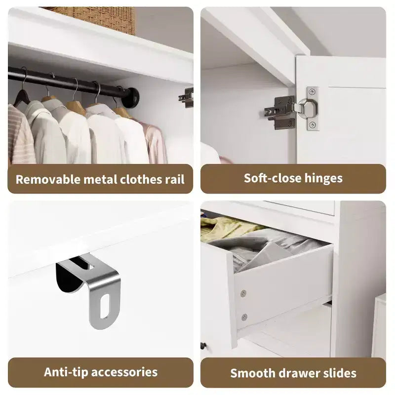 Armoire GustoWave 70 en bois, penderie à 2 portes avec 3 tiroirs et tringle à vêtements, grand placard de rangement pour chambre à coucher