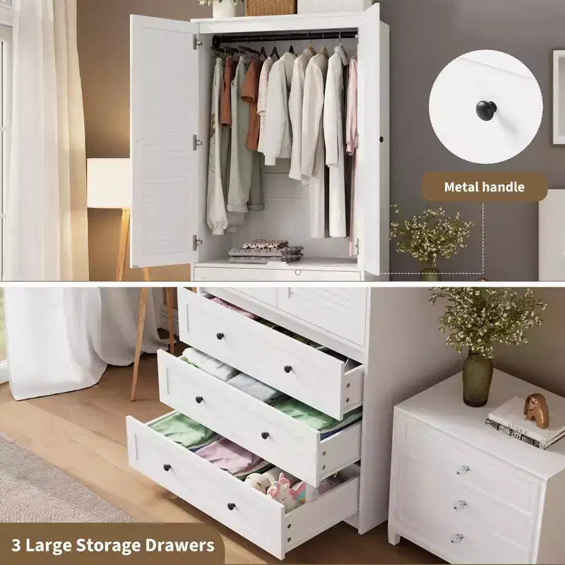 Armoire GustoWave 70 en bois, penderie à 2 portes avec 3 tiroirs et tringle à vêtements, grand placard de rangement pour chambre à coucher
