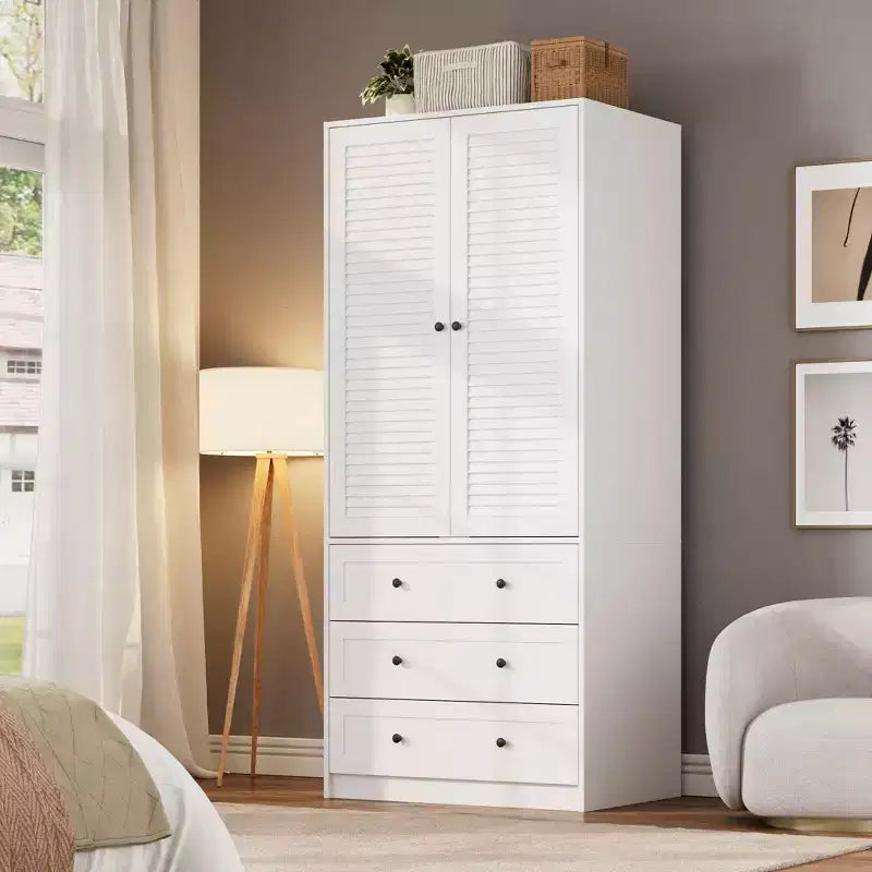 Armoire GustoWave 70 en bois, penderie à 2 portes avec 3 tiroirs et tringle à vêtements, grand placard de rangement pour chambre à coucher