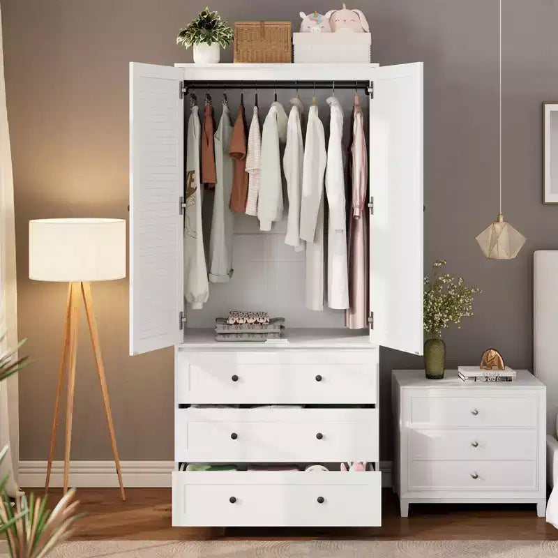 Armoire GustoWave 70 en bois, penderie à 2 portes avec 3 tiroirs et tringle à vêtements, grand placard de rangement pour chambre à coucher