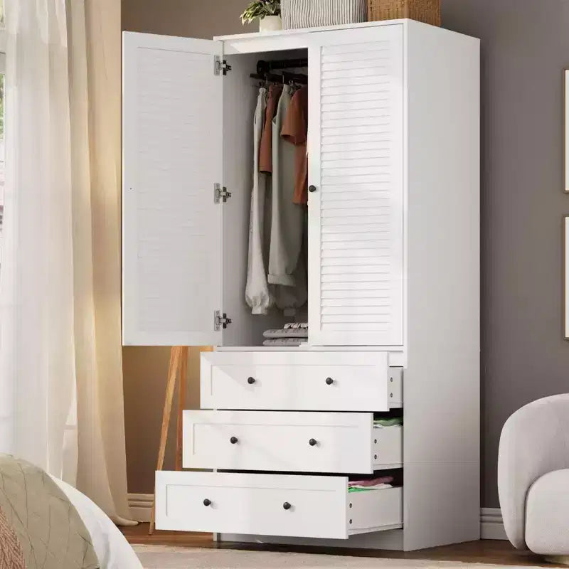 GustoWave 70 Wooden Wardrobe Armoire, 2-Door Closet with 3 Drawers & Hanging Rod, LargeCapacity Storage Cabinet for Bedroom