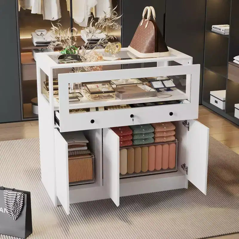 Famapy White Jewelry Armoire with Locking Glass Display Cabinet, Modern Freestanding Storage Organizer for Bedroom, Kitchen and Living Room