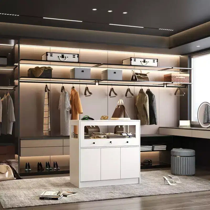 Famapy Armoire à bijoux blanche avec vitrine en verre verrouillable, Organisateur de rangement moderne sur pied pour chambre à coucher, cuisine et salon