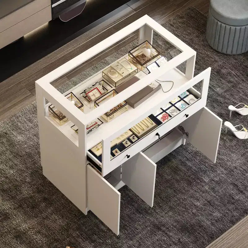 Famapy Armoire à bijoux blanche avec vitrine en verre verrouillable, Organisateur de rangement moderne sur pied pour chambre à coucher, cuisine et salon