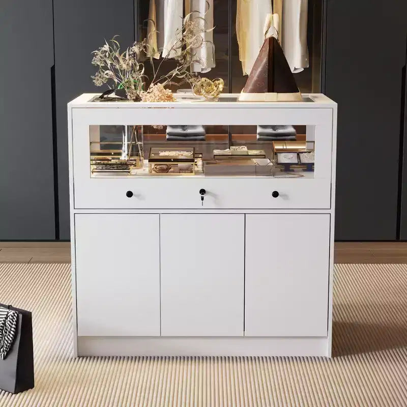 Famapy Armoire à bijoux blanche avec vitrine en verre verrouillable, Organisateur de rangement moderne sur pied pour chambre à coucher, cuisine et salon