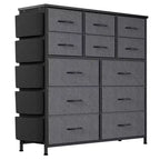 12 Drawers Fabric Storage Dresser for Bedroom, Chest of Drawers with Convenient Side Pockets and Hooks, Sturdy Steel Frame, Wood Top