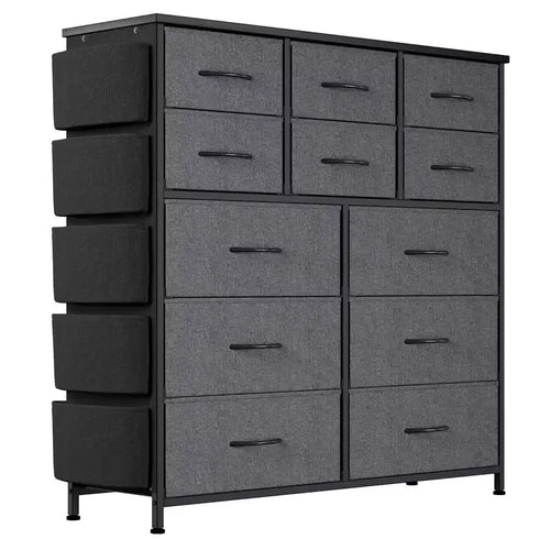 12 Drawers Fabric Storage Dresser for Bedroom, Chest of Drawers with Convenient Side Pockets and Hooks, Sturdy Steel Frame, Wood Top
