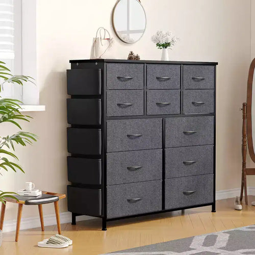 Commode de Rangement en Tissu à 12 Tiroirs pour Chambre à Coucher, Commode avec Poches Latérales et Crochets Pratiques, Cadre en Acier Robuste, Plateau en Bois