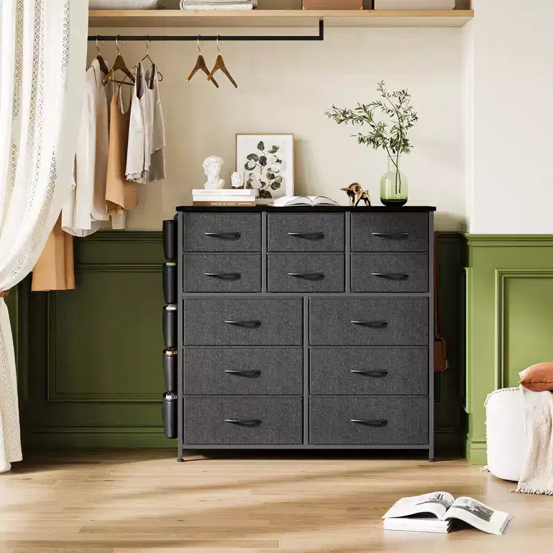 Commode de Rangement en Tissu à 12 Tiroirs pour Chambre à Coucher, Commode avec Poches Latérales et Crochets Pratiques, Cadre en Acier Robuste, Plateau en Bois