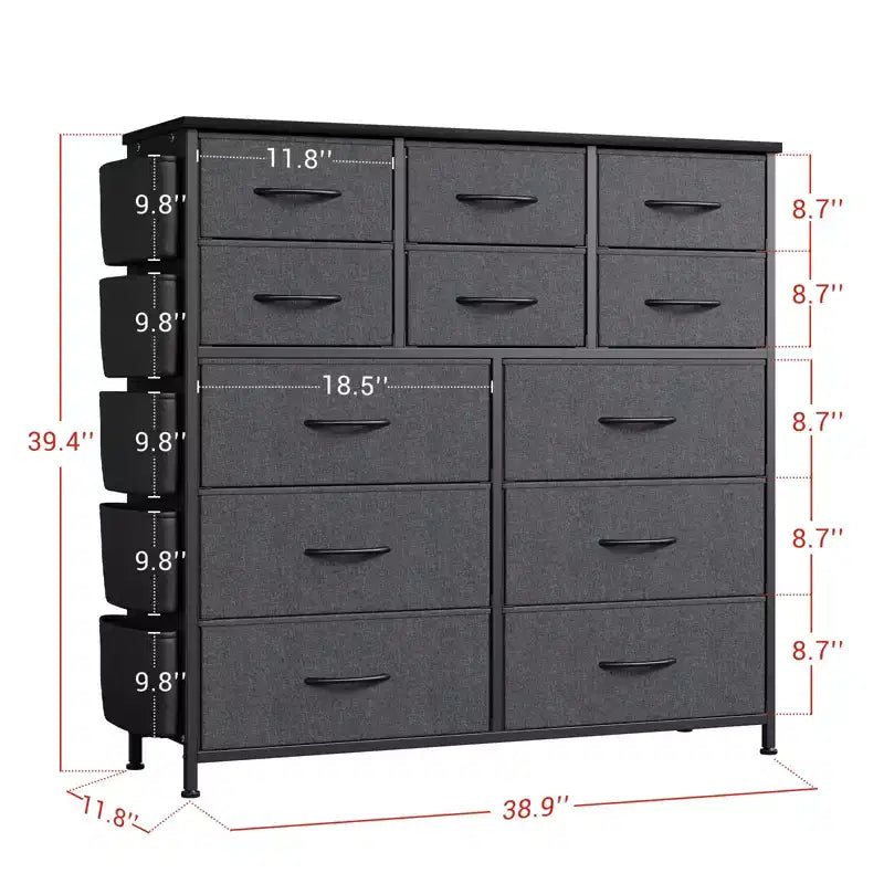 Commode de Rangement en Tissu à 12 Tiroirs pour Chambre à Coucher, Commode avec Poches Latérales et Crochets Pratiques, Cadre en Acier Robuste, Plateau en Bois