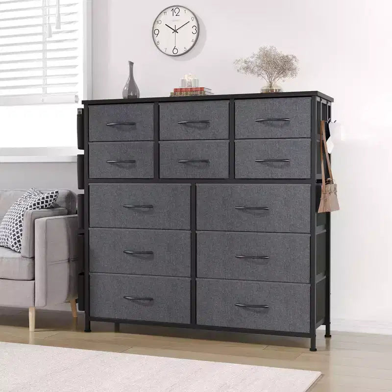 Commode de Rangement en Tissu à 12 Tiroirs pour Chambre à Coucher, Commode avec Poches Latérales et Crochets Pratiques, Cadre en Acier Robuste, Plateau en Bois