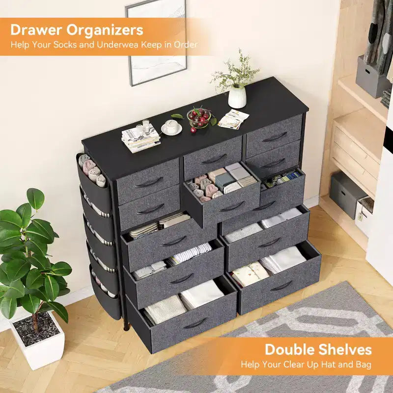 Commode de Rangement en Tissu à 12 Tiroirs pour Chambre à Coucher, Commode avec Poches Latérales et Crochets Pratiques, Cadre en Acier Robuste, Plateau en Bois