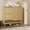 Large Fluted Shoe Cabinet, Narrow Freestanding Wooden Shoe Storage Organizer, 2 Drawers, Adjustable Shelves, for Foyer & Hallway