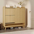 Large Fluted Shoe Cabinet, Narrow Freestanding Wooden Shoe Storage Organizer, 2 Drawers, Adjustable Shelves, for Foyer & Hallway