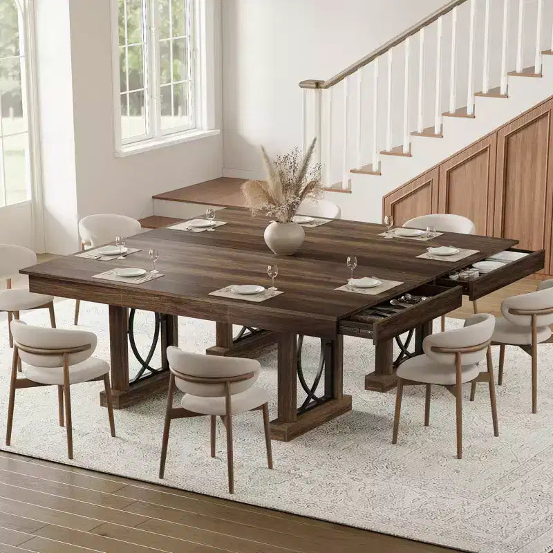 Table à manger rectangulaire moderne de 180 cm pour 6 à 8 personnes - Table en bois avec deux grands tiroirs de rangement - Cadre robuste - Étanche et résistante à la chaleur