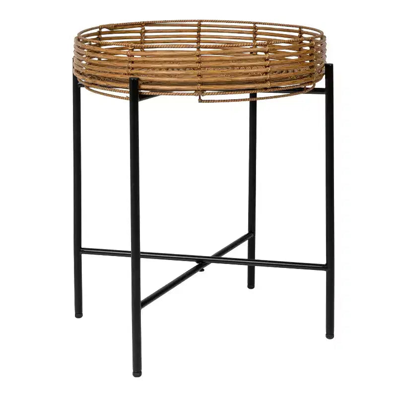 JONATHAN Y Malia 20 Coastal Bohemian Faux Rattan Round Tray End Table with Metal Base