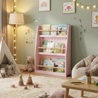 FurnitureR Kids Bookshelf with Front Facing Display, 3 Tier Book Storage Rack for Toddlers, Wooden Kids Bookcase Organizer for Bedroom, Playroom