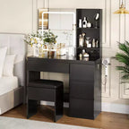 Coiffeuse avec miroir, lumières LED réglables, 4 tiroirs, prise de courant, tabouret de rangement, étagères, support pour sèche-cheveux, table de maquillage pour chambre, noire