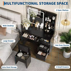 Coiffeuse avec miroir, lumières LED réglables, 4 tiroirs, prise de courant, tabouret de rangement, étagères, support pour sèche-cheveux, table de maquillage pour chambre, noire