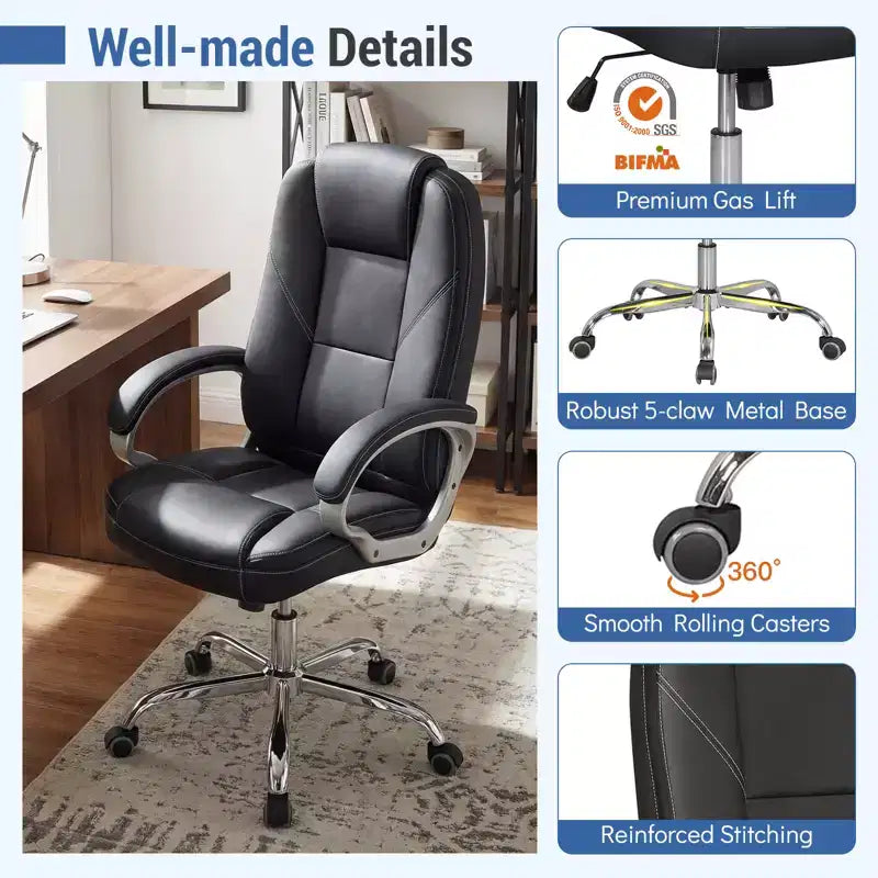 Costway Chaise de bureau en cuir, fauteuil de direction ergonomique avec dossier à bascule, noir