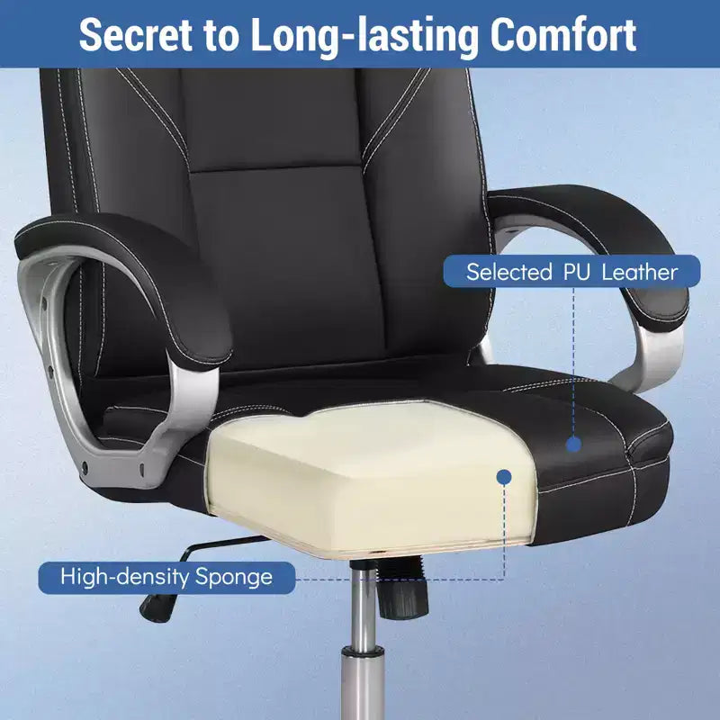 Costway Chaise de bureau en cuir, fauteuil de direction ergonomique avec dossier à bascule, noir
