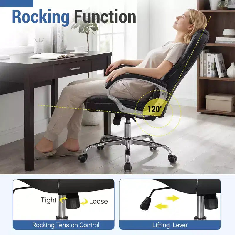 Costway Chaise de bureau en cuir, fauteuil de direction ergonomique avec dossier à bascule, noir