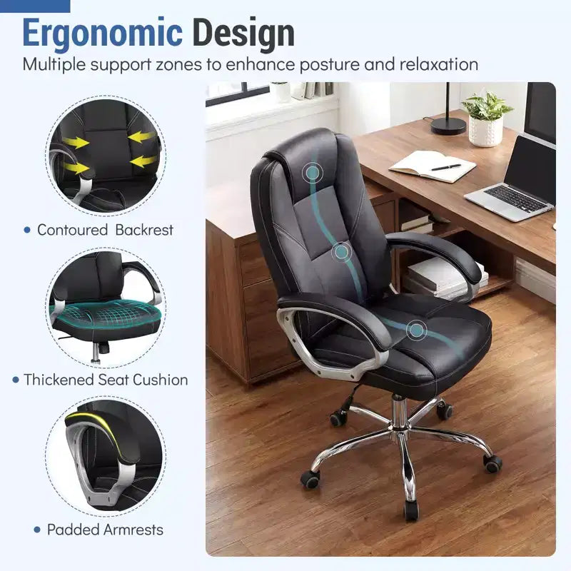 Costway Chaise de bureau en cuir, fauteuil de direction ergonomique avec dossier à bascule, noir