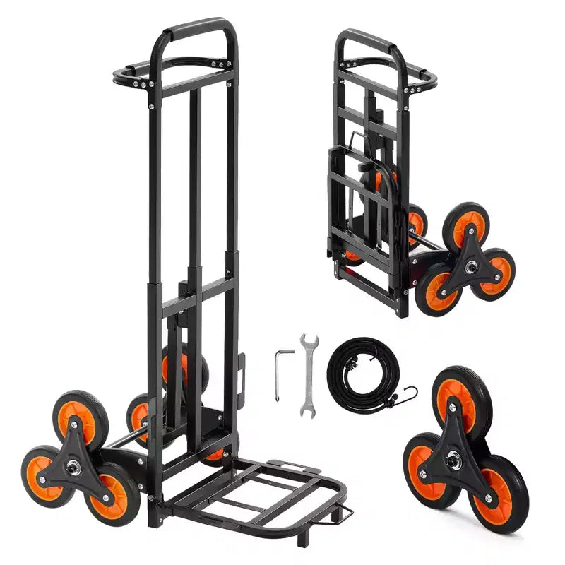 VEVOR Stair Climbing Cart, 220 lbs Stair-Climbing Capacity, Heavy-Duty Folding Trolley Cart with Telescoping Handle, Black+Orange