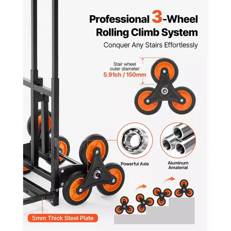 Chariot de transport VEVOR, capacité de 100 kg, diable pliable robuste avec poignée télescopique, noir et orange