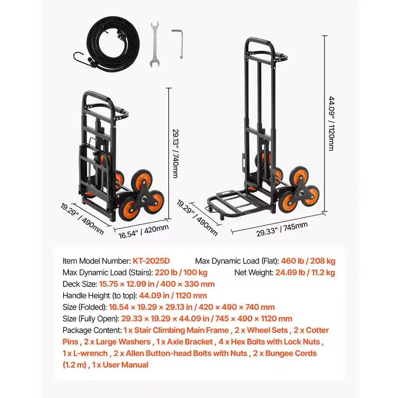 Chariot de transport VEVOR, capacité de 100 kg, diable pliable robuste avec poignée télescopique, noir et orange