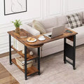 360 Rotating Sofa Side Table with 2-Tier Storage Shelves & Charging Station, Swivel Rolling Desk with Metal Frame and Wheels