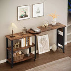 Table d'appoint de canapé rotative à 360° avec 2 étagères de rangement et station de charge, bureau roulant pivotant avec cadre métallique et roulettes