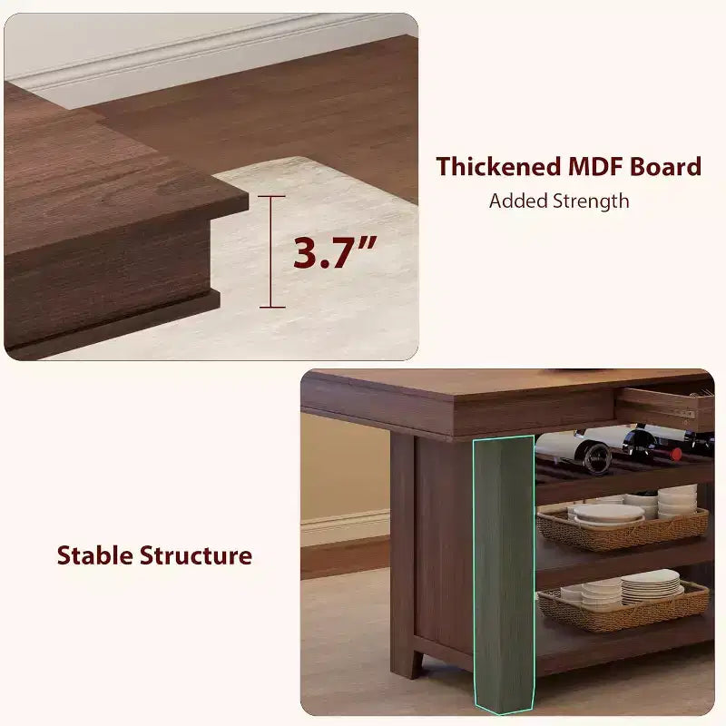 Table de salle à manger haute en bois de 36 po avec casier à vin, 3 étagères de rangement et 2 tiroirs, table de cuisine haute à cadre épais