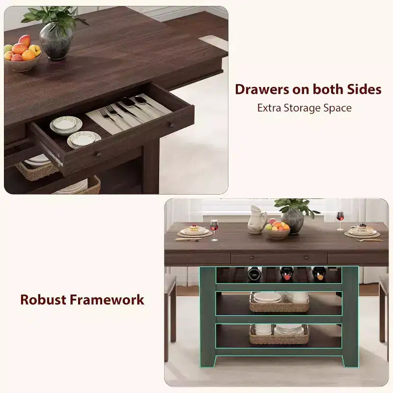 Table de salle à manger haute en bois de 36 po avec casier à vin, 3 étagères de rangement et 2 tiroirs, table de cuisine haute à cadre épais