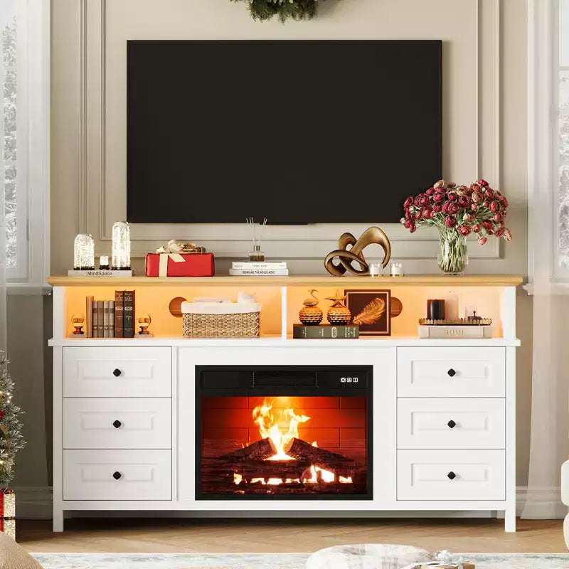 Meuble TV 65 pouces avec lumières LED, centre de divertissement avec armoires de rangement et étagères ouvertes, console multimédia blanche pour salon