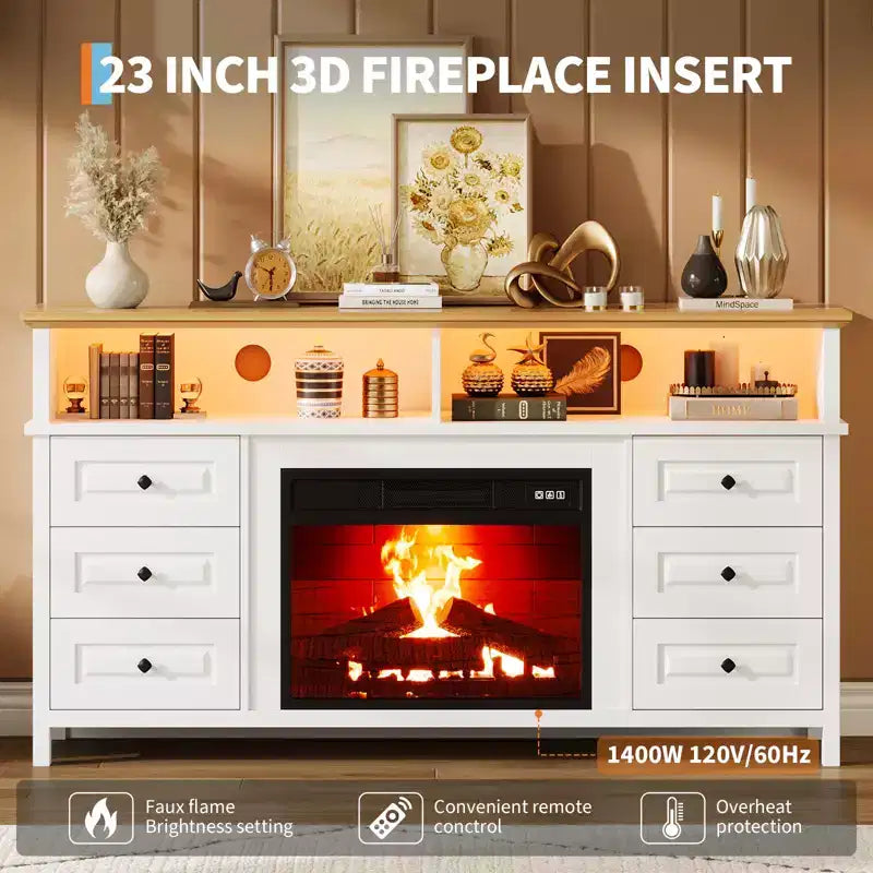 Meuble TV 65 pouces avec lumières LED, centre de divertissement avec armoires de rangement et étagères ouvertes, console multimédia blanche pour salon