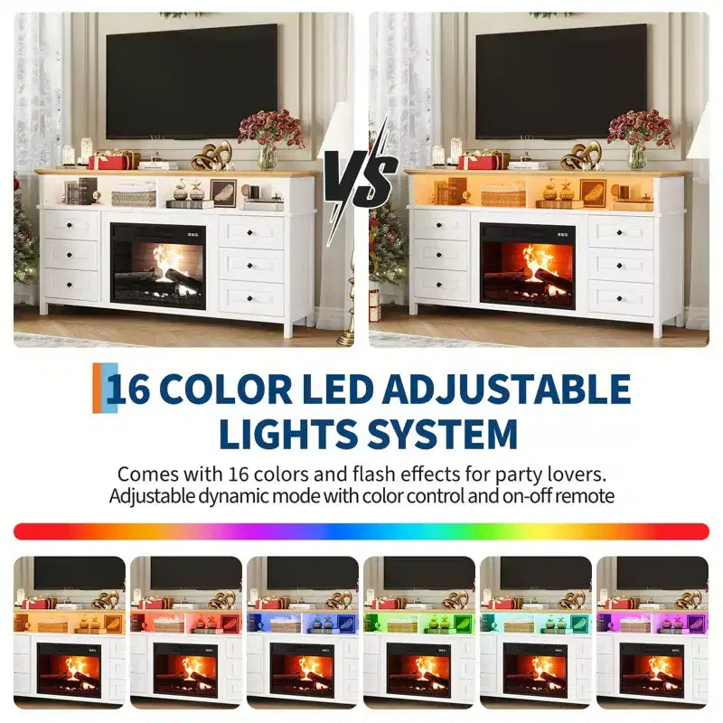 Meuble TV 65 pouces avec lumières LED, centre de divertissement avec armoires de rangement et étagères ouvertes, console multimédia blanche pour salon