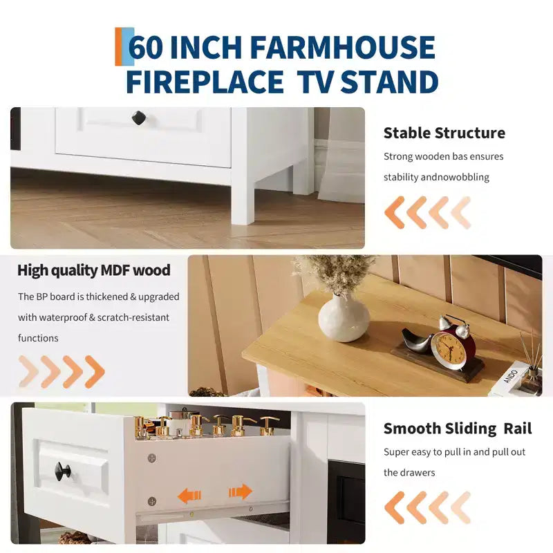 Meuble TV 65 pouces avec lumières LED, centre de divertissement avec armoires de rangement et étagères ouvertes, console multimédia blanche pour salon