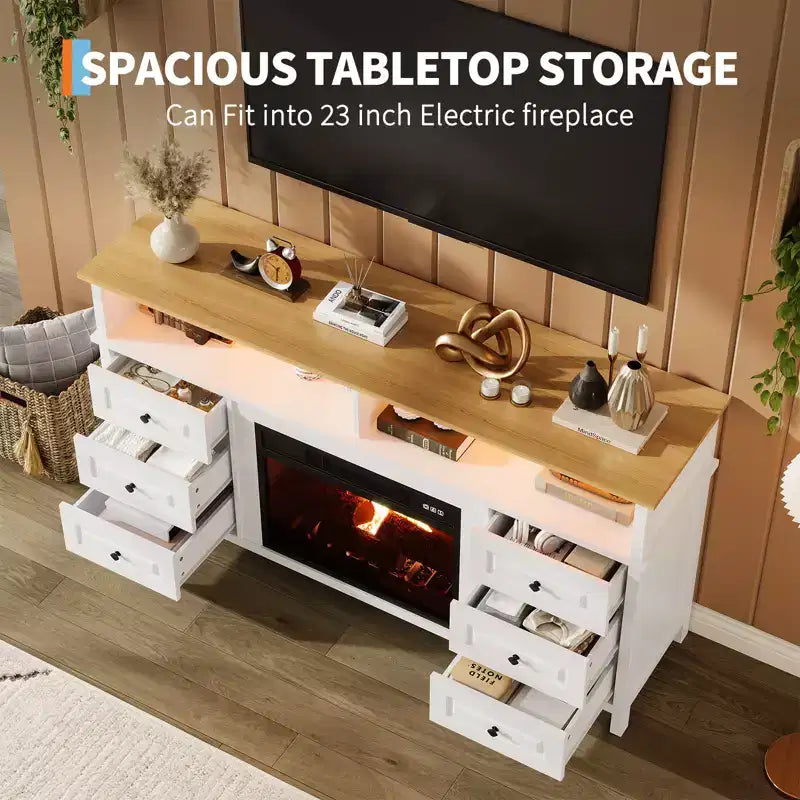 Meuble TV 65 pouces avec lumières LED, centre de divertissement avec armoires de rangement et étagères ouvertes, console multimédia blanche pour salon