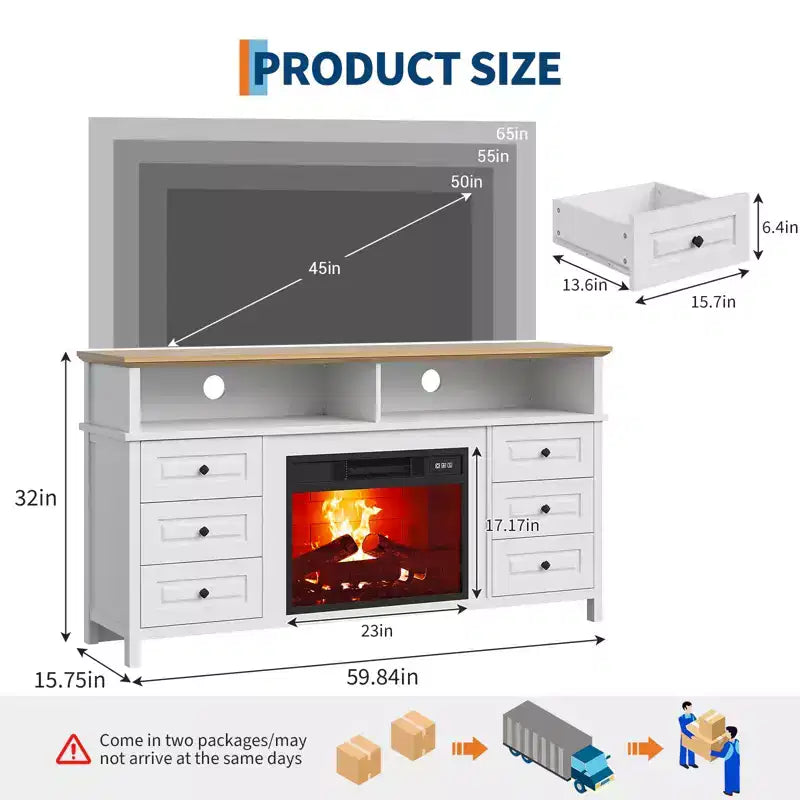 Meuble TV 65 pouces avec lumières LED, centre de divertissement avec armoires de rangement et étagères ouvertes, console multimédia blanche pour salon